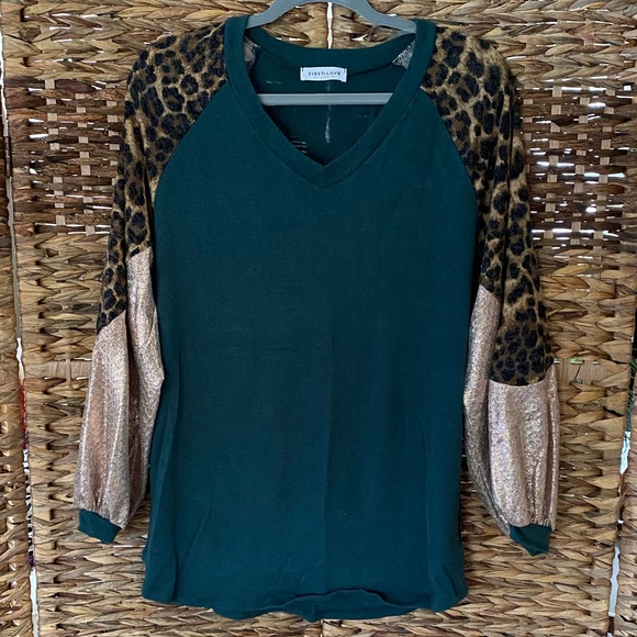 Forest Green Cheetah Print Sequin Patchwork Top - Picture 1 of 4